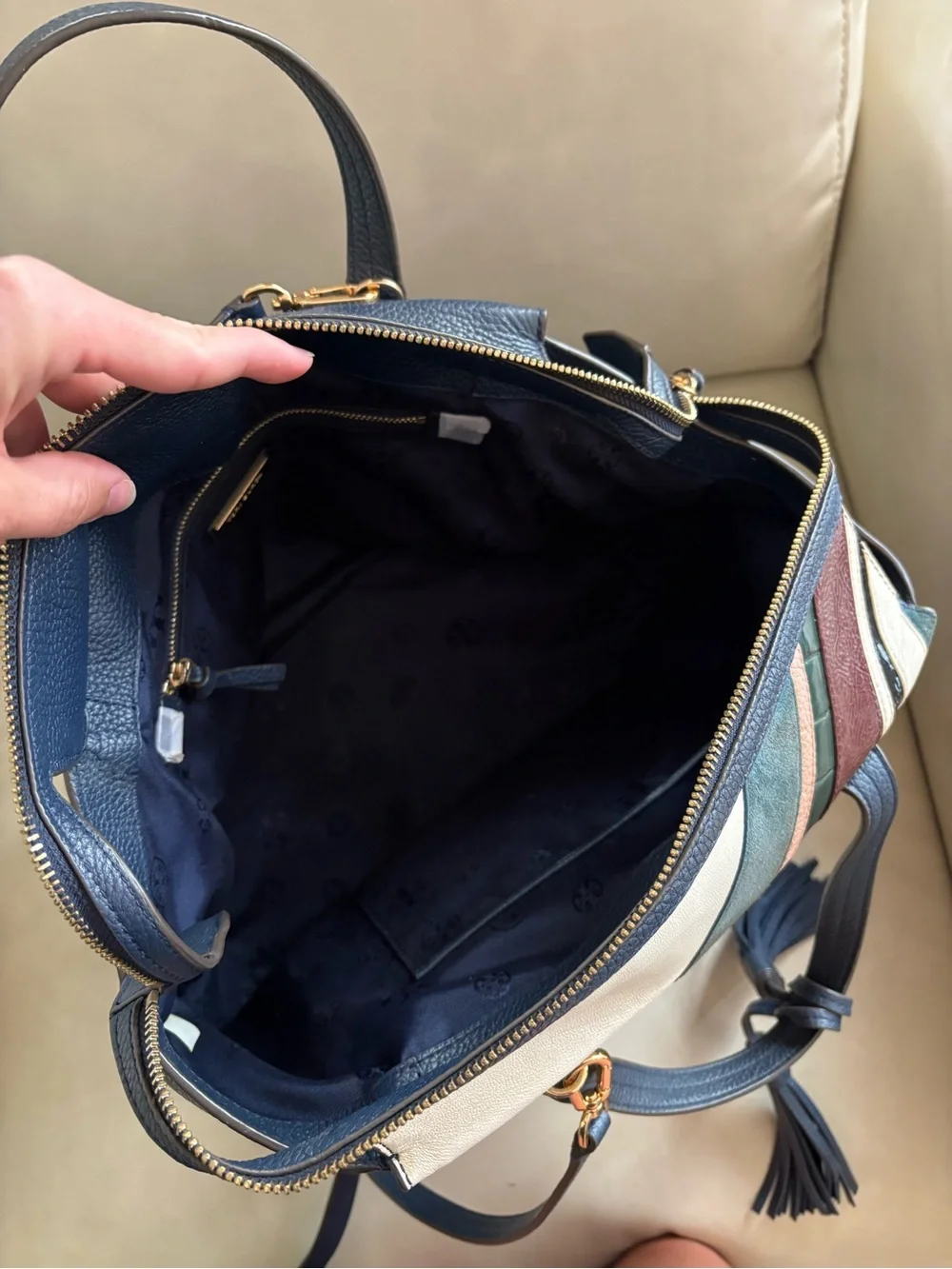 Tory Burch Striped Leather Crossbody Satchel - Navy, Cream, Pink & Burgundy
